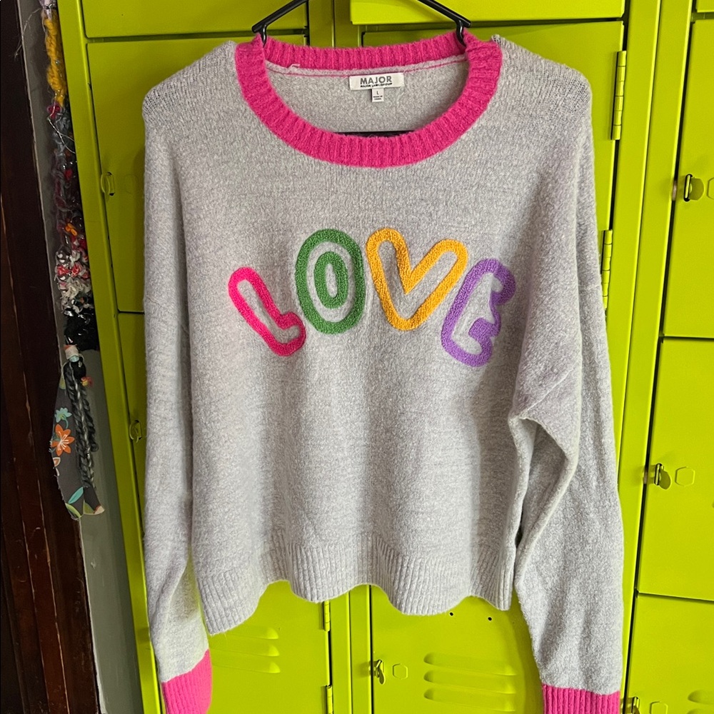 Women's Gray Sweater with Pink and Multicolor Design
